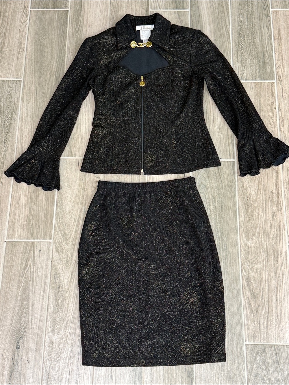 Vintage Joseph Ribkoff Couture 2-Pc Jacket Skirt Set Metallic Black Gold size 8